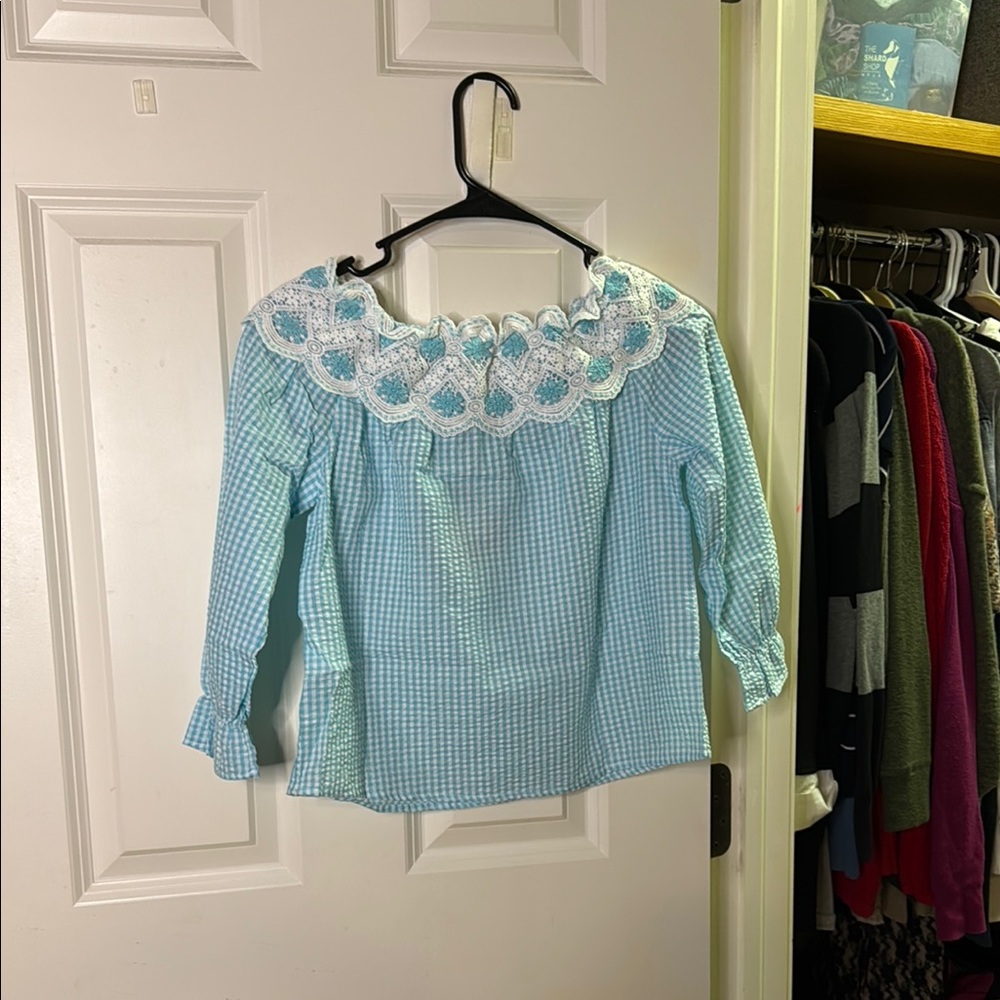 Hayden Girls Blue Gingham Top with Lace Detail - Picture 2 of 3